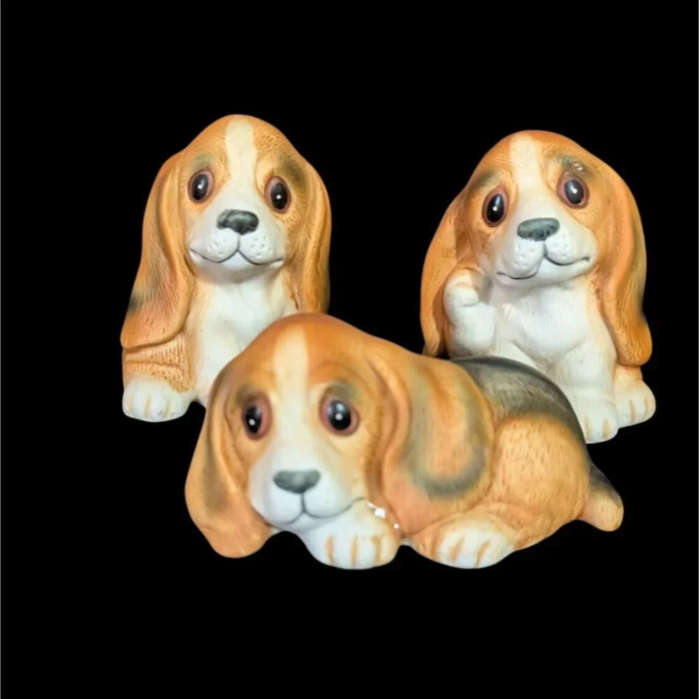 Vintage‎ Homco Basset Hound Figurines Set Of 3 Hand-Painted Ceramic Collectibles